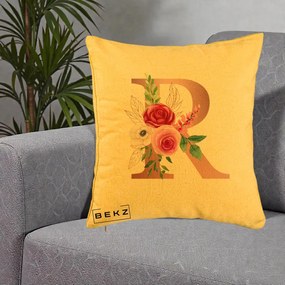 Cadou Personalizat - Perna Personalizata Monograma Rose Gold Litera R, 40x40 cm, Galben, Husa Detasabila, Perna Inclusa, BEKZ®