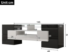 Dulap TV cu iluminare LED, suprafețe din sticlă, cu 6 uși, 2 sertare și 3 compartimente, 145x30x51 cm, Alb+Negru