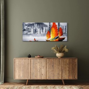 Tablou - Victoria Harbour, Hong Kong, pictură în ulei alb- negru (120x50 cm)