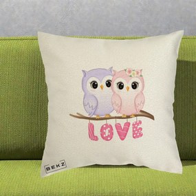 Perna Decorativa Love Bufnite Indragostite pe Crenguta Roz si Mov, 40x40 cm, Ecru, Husa Detasabila, Perna Inclusa, BEKZ®