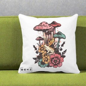 Perna Decorativa Ciuperci si Broaste Boho, 40x40 cm, Alba Mata, Husa Detasabila, Perna Inclusa, BEKZ®