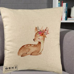 Perna Decorativa Caprioara cu Flori in Coama, 40x40 cm, Bej, Husa Detasabila, Perna Inclusa, BEKZ®