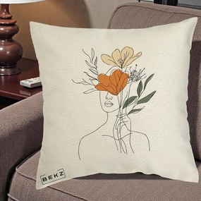 Perna Decorativa Portret Feminin Coroana Florala, 40x40 cm, Ecru, Husa Detasabila, Perna Inclusa, BEKZ®