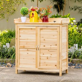 Dulap de exterior Outsunny cu 2 rafturi din lemn de brad cu design înălțat și 2 uși, 83x40x92 cm, culoarea lemnului | Aosom Romania