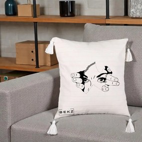Perna Decorativa Ochi care Rup Suprafata, 40x40 cm, Bej cu Franjuri, Husa Detasabila, Perna Inclusa, BEKZ®