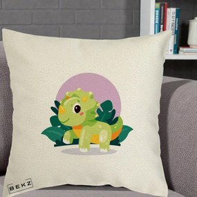 Perna Decorativa Triceratops Kawaii Verde, 40x40 cm, Ecru, Husa Detasabila, Perna Inclusa, BEKZ®