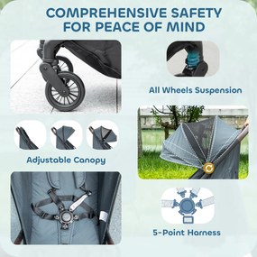 AIYAPLAY Cărucior Ușor 6.3kg pentru Copii 0-3 Ani Pliabil cu o Mână, Cărucior Compact Reclinabil cu Copertină și Suport pentru Picioare Reglabil, Roți și Coș de Depozitare, Până la 15 kg, Albastru | Aosom Romania