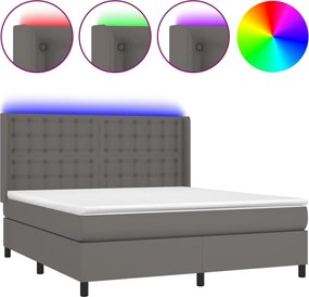 vidaXL Pat cu arcuri, saltea și LED, gri, 160x200 cm, piele ecologică