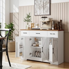 HOMCOM Bufet Bucătărie Rustic, Bufet cu Uși Soft-Close, 3 Sertare, 3 Rafturi Reglabile, Portaspecii, PAL, MDF, Alb | Aosom Romania