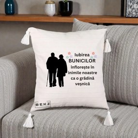Cadou pentru Bunici - Perna Personalizata Bunicii Iubirea Infloreste Silueta Neagra Flori, 40x40 cm, Bej cu Franjuri, Husa Detasabila, Perna Inclusa, BEKZ®