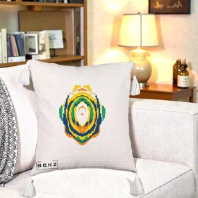 Perna Decorativa Oval Abstract Multicolor, 40x40 cm, Bej cu Franjuri, Husa Detasabila, Perna Inclusa, BEKZ®