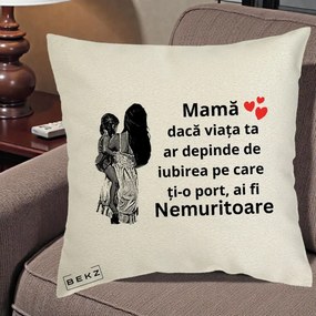 Cadou pentru Mama - Perna Personalizata Mama Nemuritoare Imbratisare, 40x40 cm, Ecru, Husa Detasabila, Perna Inclusa, BEKZ®