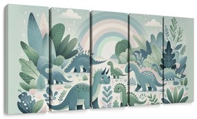 Tablou 5-piese lumea dinozaurilor cu curcubeu și junglă verde