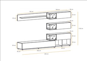 Mobila Living , usi deschidere push open prin apasare, fronturi alb lucios nuc inchis-alb , 240 cm lungime, cu vitrina, sticla securizata , lumina led