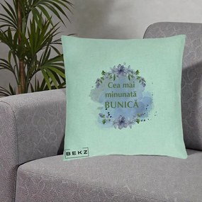 Cadou pentru Bunica - Perna Personalizata Cea Mai Minunata Bunica Flori Mov Acuarela Verde, 40x40 cm, Verde Menta, Husa Detasabila, Perna Inclusa, BEKZ®