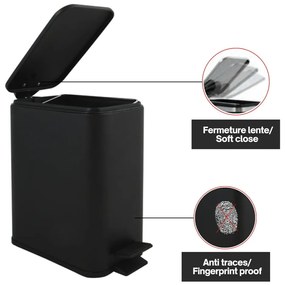 Coș de gunoi negru mat cu pedală din oțel 5 l Erik – Spirella