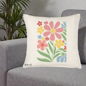 Perna Decorativa Flori Grafice Roz Pastel, 40x40 cm, Crem Reliefat, Husa Detasabila, Perna Inclusa, BEKZ®
