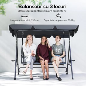 Outsunny Leagăn de Grădină 3 Locuri din Ratan PE cu Acoperiș Reglabil și Suporturi pentru Pahare, Leagăn de Exterior cu Cadru din Oțel, Capacitate 320 kg, 204x112x150 cm, Gri | Aosom Romania