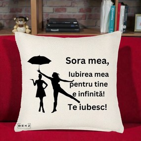 Cadou pentru Sora - Perna Personalizata Sora Mea Te Iubesc Siluete Negre cu Umbrela, 40x40 cm, Crem Reliefat, Husa Detasabila, Perna Inclusa, BEKZ®