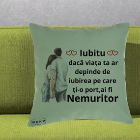 Cadou pentru Iubita - Perna Personalizata Iubitu Nemuritor cu Cuplu Acuarela si Inimi Rosii, 40x40 cm, Verde, Husa Detasabila, Perna Inclusa, BEKZ®