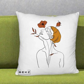 Perna Decorativa Portret Feminin Mac Privire Inalta, 40x40 cm, Alb Pufos, Husa Detasabila, Perna Inclusa, BEKZ®
