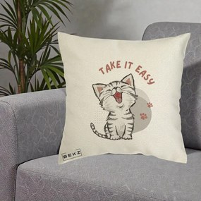 Perna Personalizata Take It Easy Cat, 40x40 cm, Ecru, Husa Detasabila, Perna Inclusa, BEKZ®