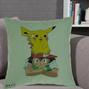 Perna Personalizata Ash si Pikachu, 40x40 cm, Verde, Husa Detasabila, Perna Inclusa, BEKZ®