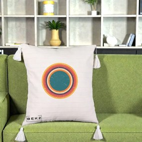Perna Decorativa Retro Cerc Concentric Geometric Vintage, 40x40 cm, Bej cu Franjuri, Husa Detasabila, Perna Inclusa, BEKZ®
