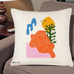 Perna Decorativa Femeie Portocalie Relaxata, 40x40 cm, Crem Reliefat, Husa Detasabila, Perna Inclusa, BEKZ®