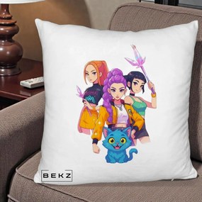 Perna Personalizata K-pop HUNTRX Trio cu Pisica si Cristale, 40x40 cm, Alb Pufos, Husa Detasabila, Perna Inclusa, BEKZ®