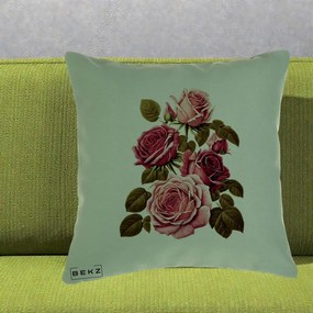 Perna Decorativa Trandafiri Vintage Roz-Rosii, 40x40 cm, Verde, Husa Detasabila, Perna Inclusa, BEKZ®
