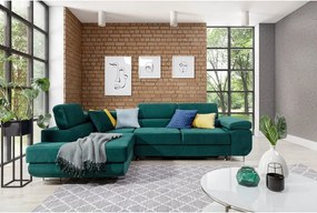 Colțar verde extensibil/cu spațiu de depozitare cu tapițerie din catifea (cu colț pe partea stângă/în formă de ”L”) Anton – ELTAP