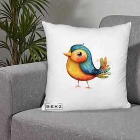 Perna Decorativa Pasare Folk Art Portocalie-Teal, 40x40 cm, Alb Pufos, Husa Detasabila, Perna Inclusa, BEKZ®