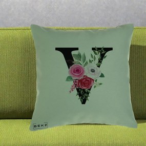 Cadou Personalizat - Perna Personalizata Monograma Florala Litera V cu Buchet, 40x40 cm, Verde, Husa Detasabila, Perna Inclusa, BEKZ®