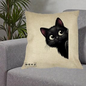 Perna Decorativa Pisica Neagra Dragalasa Curioasa, 40x40 cm, Crem, Husa Detasabila, Perna Inclusa, BEKZ®