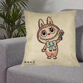 Perna Personalizata Labubu Roz cu Morisca, 40x40 cm, Crem, Husa Detasabila, Perna Inclusa, BEKZ®