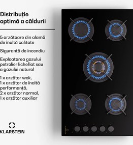 Klarstein Goldflame 5, plită cu gaz, autonomă, 5 arzătoare, control lateral, gaz/propano, ceramică, negru