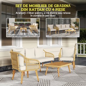Outsunny Set de Mobilier de Grădină din 4 Piese cu Canapea, 2 Fotolii, Măsuță și Perne, 180x64x80 cm, Kaki | Aosom Romania