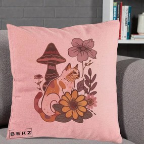 Perna Decorativa Pisica Vintage Florala Boho, 40x40 cm, Roz, Husa Detasabila, Perna Inclusa, BEKZ®