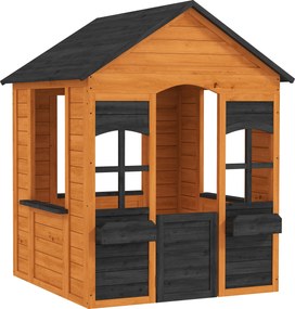 AIYAPLAY Căsuță pentru copii în aer liber din lemn, casă exterioară pentru copii, ușă pe jumătate, ferestre, jardiniere, 3-8 ani, maro deschis | Aosom Romania