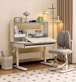 Set birou și scaun ergonomic pentru copii, înălțime reglabilă, blat înclinabil, spătar dublu adaptiv, rafturi și sertar organizator, 100 × 60 cm, gr