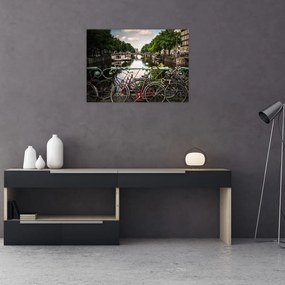 Tablou pe sticlă cu bicicleta în oraș (70x50 cm)