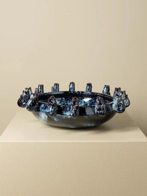Bol decorativ din ceramică cu pești sculptați în relief, albastru, 10,5 × 42 cm, „Ecume"