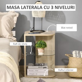 Masuta de Living Moderna din Lemn si Sticla, cu 3 nivele si margini rotunjite, Culoarea Lemnului 40x40x56cm HOMCOM | Aosom Romania