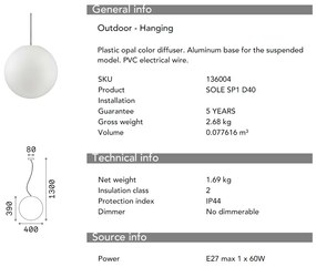 Pendul iluminat exterior cu protectie IP44, diametru 40cm SOLE SP1 MEDIUM 136004