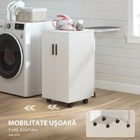 HOMCOM Mobilier pentru Masa de Călcat Pliabil cu Roți, Raft Reglabil și Închidere Soft Close, din Lemn și Material Textil, 128x43x83 cm, Alb | Aosom Romania