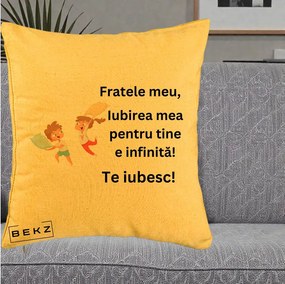 Cadou pentru Frate - Perna Personalizata Fratele Meu Te Iubesc Copii Batalie Perne, 40x40 cm, Galben, Husa Detasabila, Perna Inclusa, BEKZ®