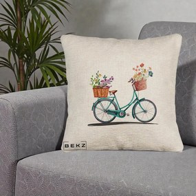 Perna Decorativa Bicicleta Florala Turcoaz Acuarela, 40x40 cm, Bej Canapea, Husa Detasabila, Perna Inclusa, BEKZ®