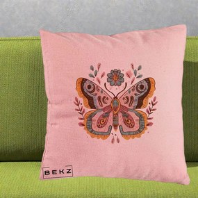 Perna Decorativa Fluture Boho Floral, 40x40 cm, Roz, Husa Detasabila, Perna Inclusa, BEKZ®