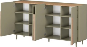 Comodă pe picioare Amilio 200 cm cu patru uși - eucalipt / stejar baltic dune / mânere stejar natural